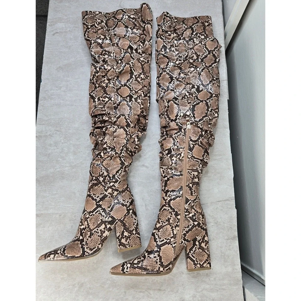 PrettyLittleThing Thigh High Boots Tan Snakeskin Slouchy Block Heel Pointed Toe
